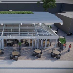 3D ontwerp van horecaserre met glazen schuifdak en aluminium constructie