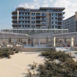 3D ontwerp van maatwerk horeca terrasoverkapping aan zee